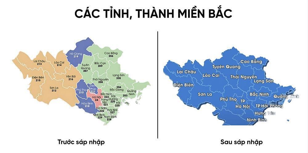 Bản đồ các tỉnh thành miền Bắc trước và sau khi sáp nhập.